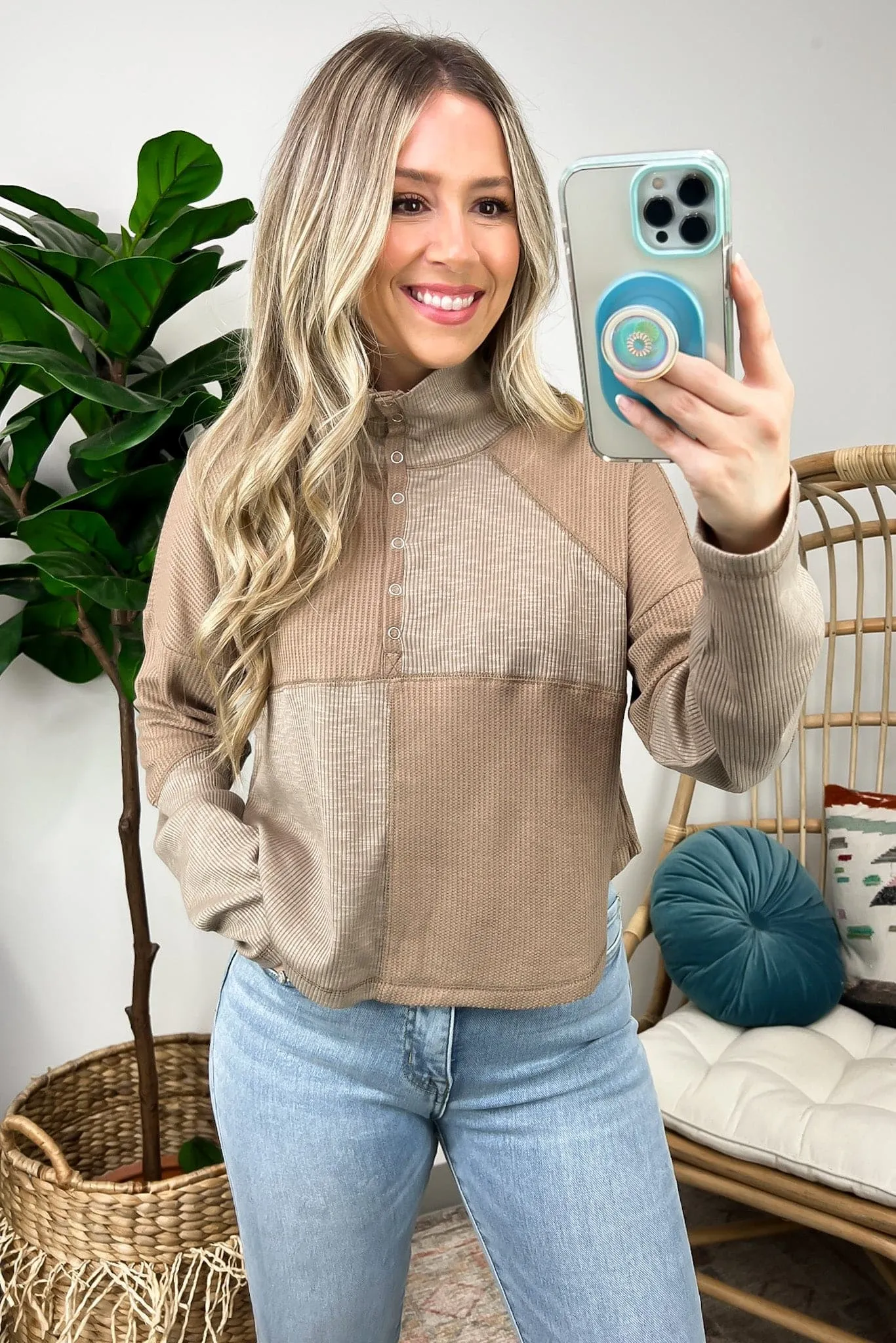 Tuscano Mock Neck Wide Collared Ribbed Henley Knit Top - FINAL SALE