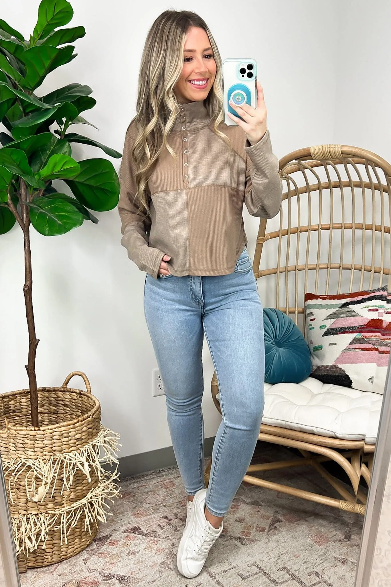 Tuscano Mock Neck Wide Collared Ribbed Henley Knit Top - FINAL SALE