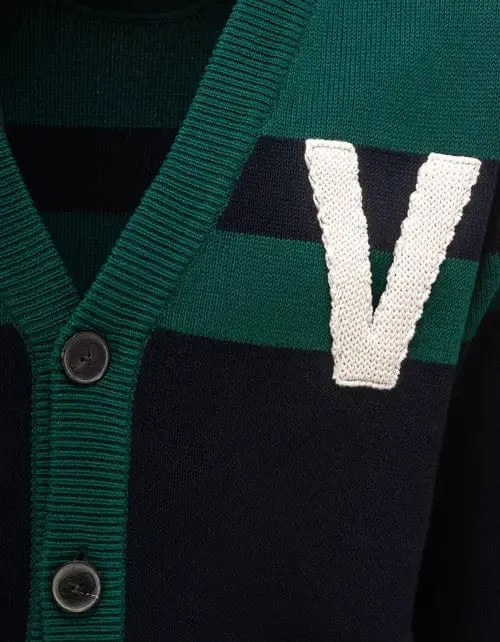 Valentino Navy Blue & Green V Logo Patch Cardigan