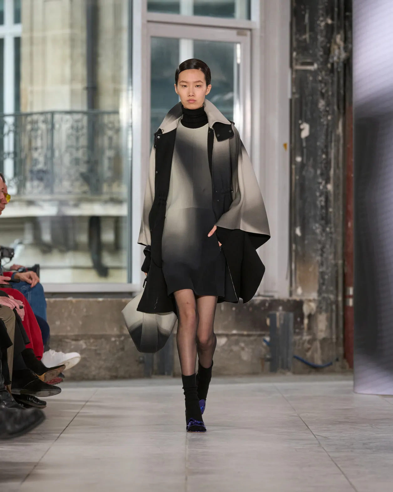 Wool Cape with Detachable Hood and Shadow Print Akris