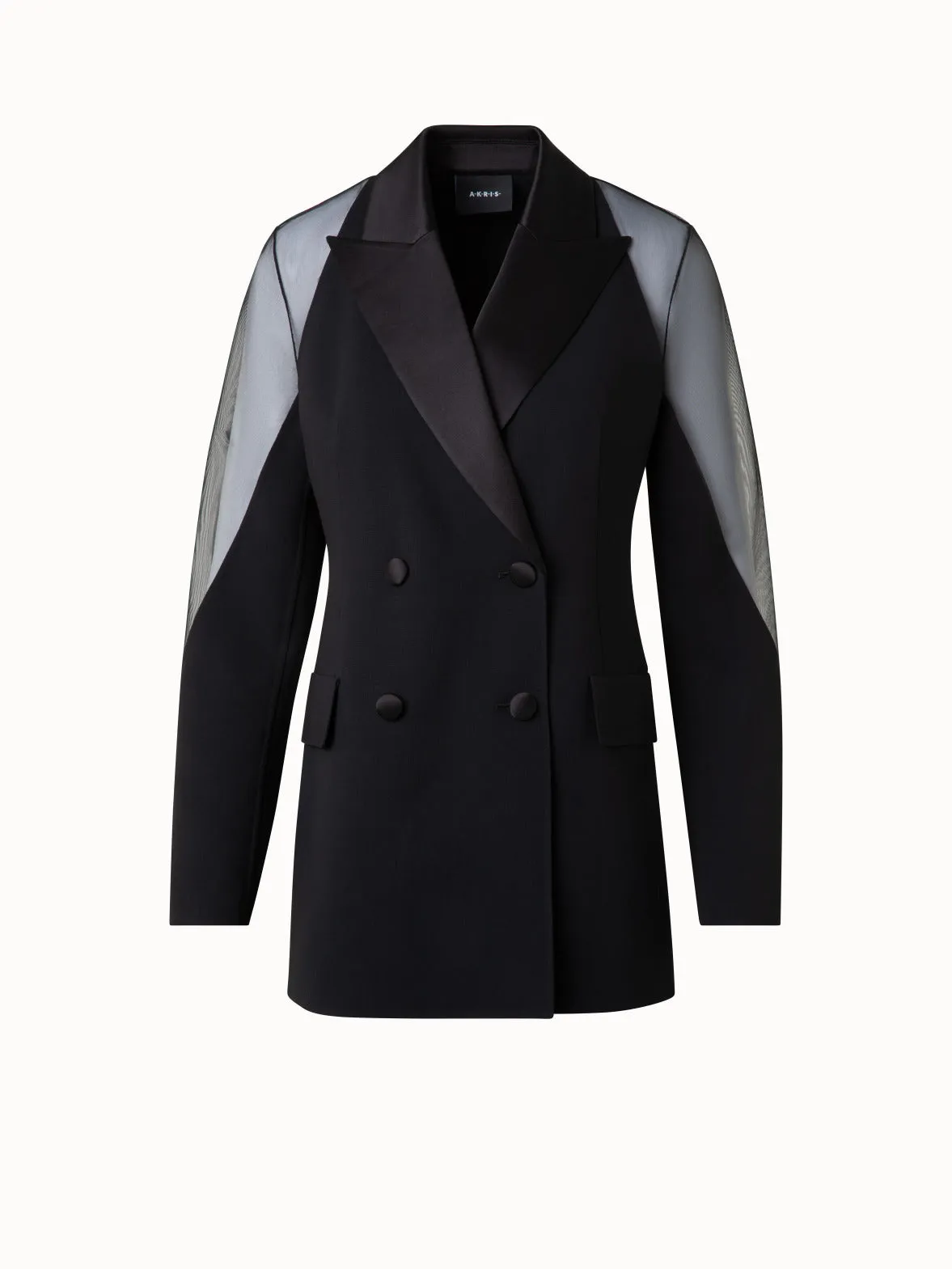 Wool Satin Tuxedo Jacket with Sheer Shoulders Akris