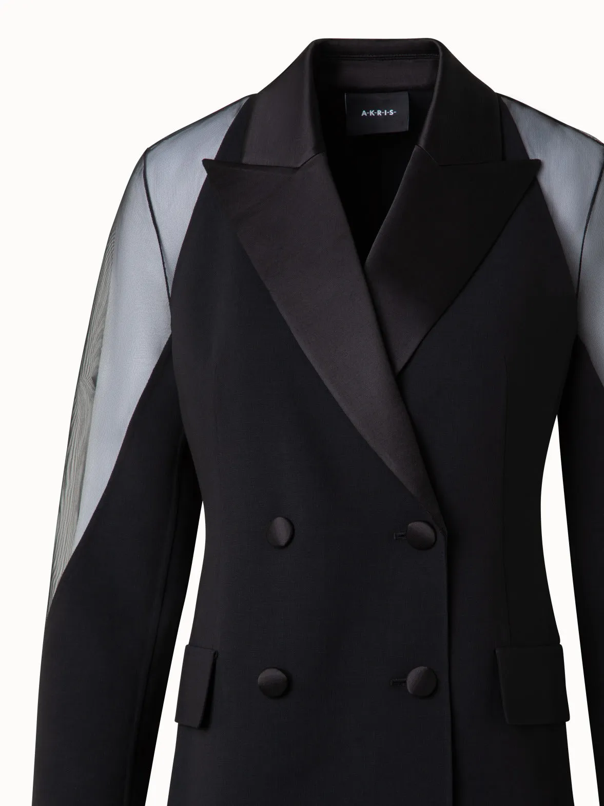 Wool Satin Tuxedo Jacket with Sheer Shoulders Akris