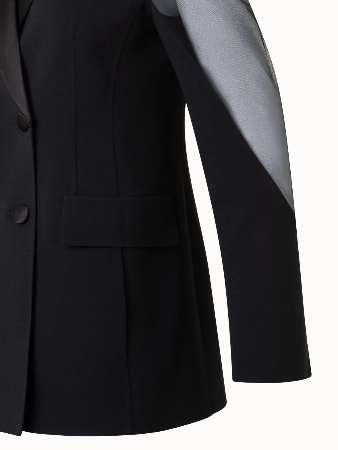 Wool Satin Tuxedo Jacket with Sheer Shoulders Akris