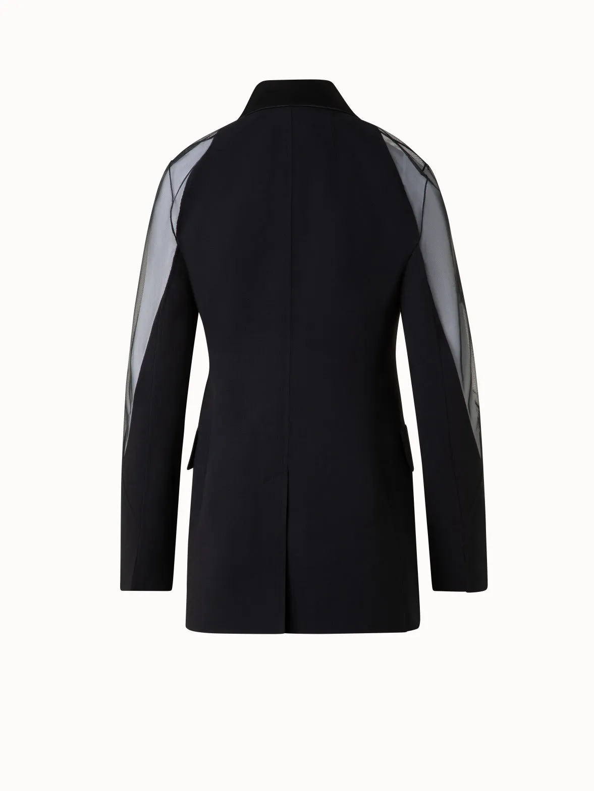 Wool Satin Tuxedo Jacket with Sheer Shoulders Akris