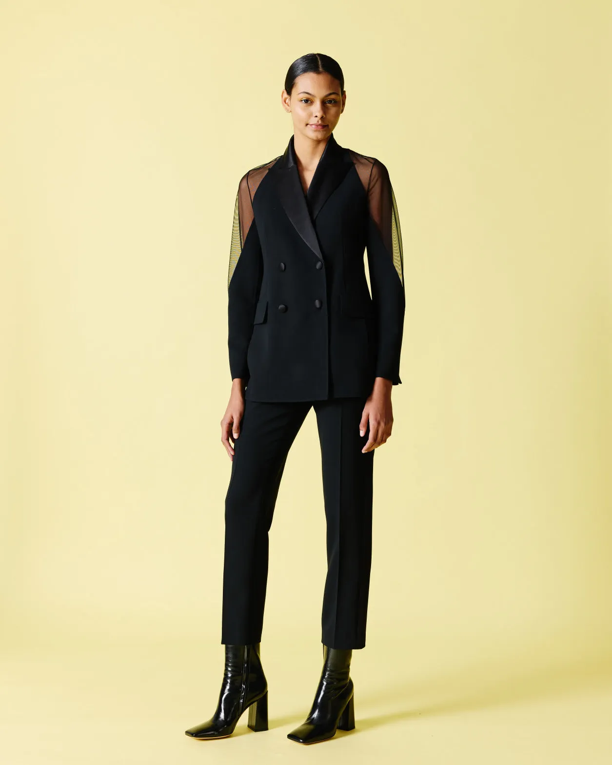 Wool Satin Tuxedo Jacket with Sheer Shoulders Akris