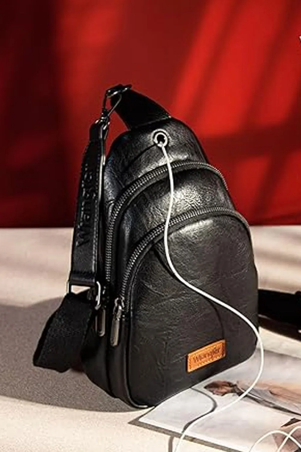 Wrangler Dual Zippered Crossbody Sling Bag for Women in Black | WG87-227-BK