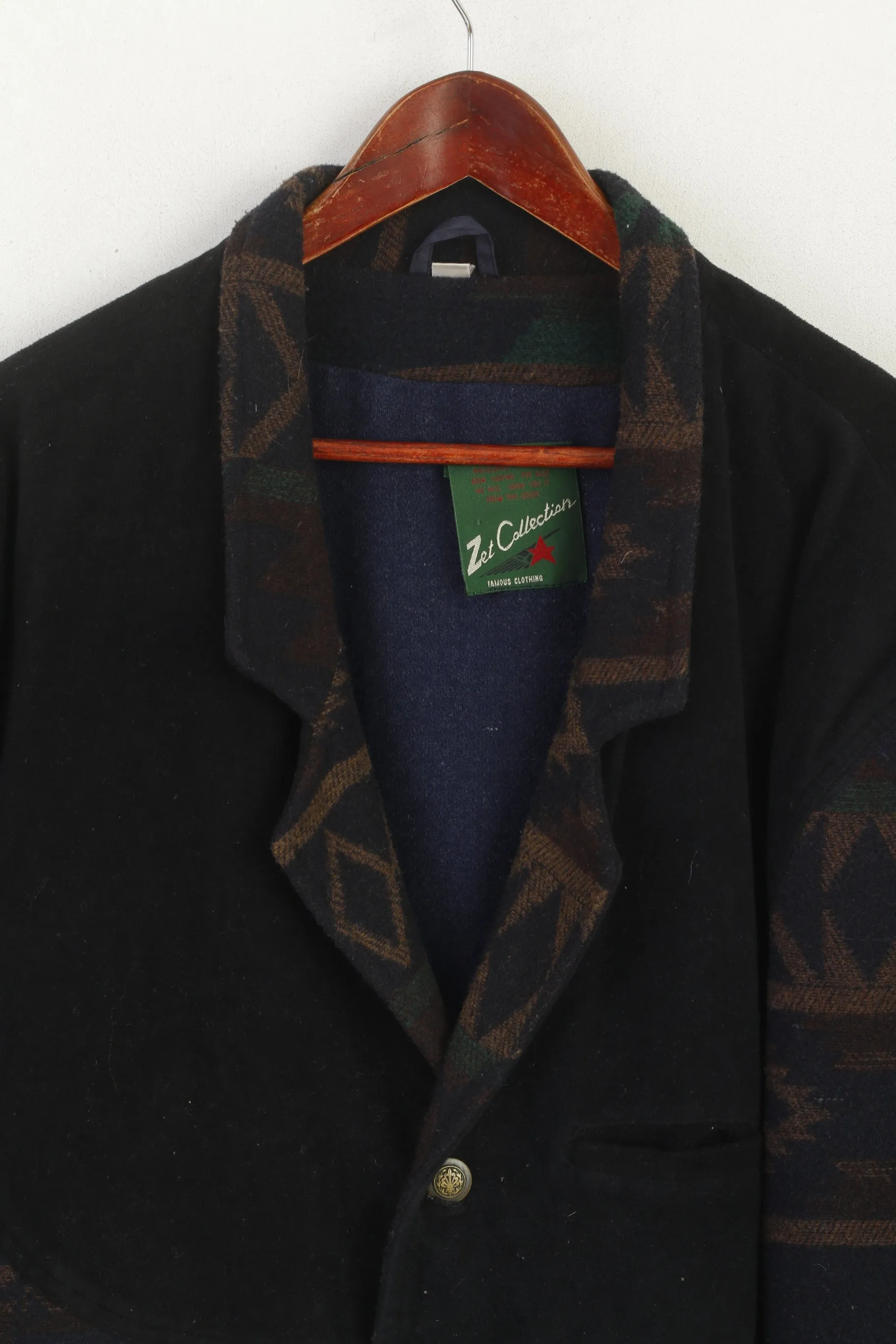 Zet Collection Men 56 XL Jacket Navy Wool Vintage Aztec Shoulder Pads Retro Top
